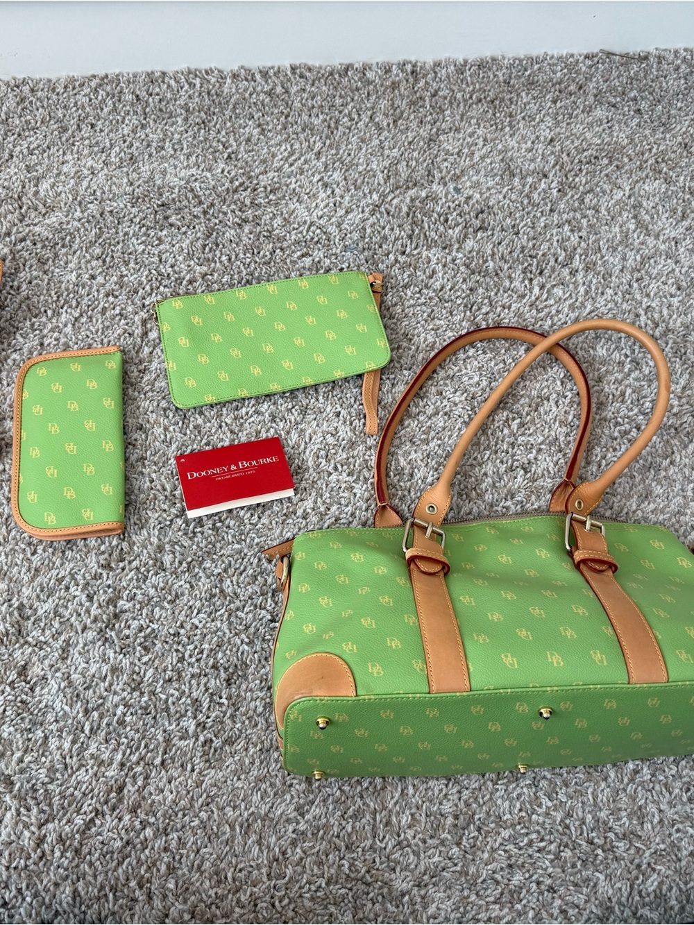 Dooney & Bourke Lime Green Signature Satchel with Matching Wallets